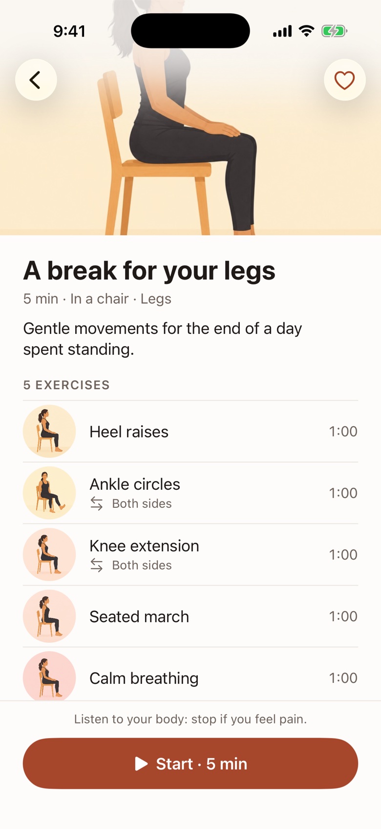 Session detail A break for your legs: 5 minutes, in a chair, with its 5 exercises