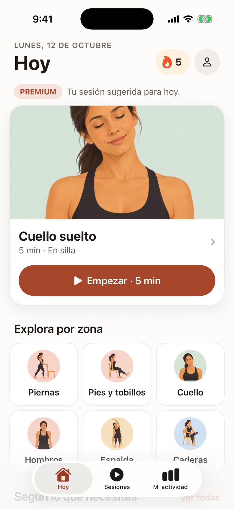 Pantalla Hoy de Untense: la sesión del día, la racha y las zonas para explorar