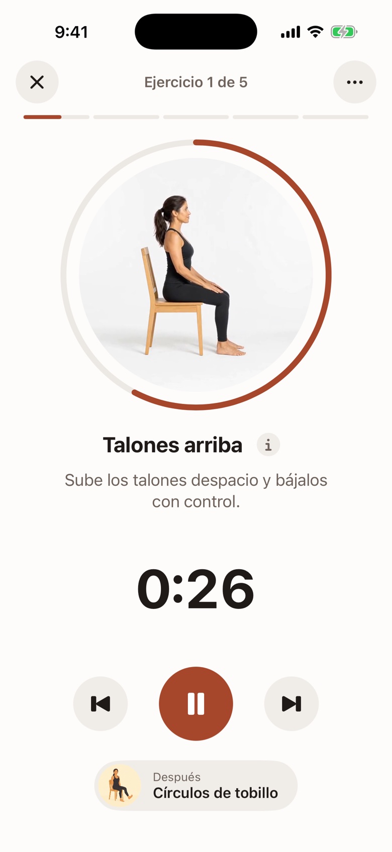 Reproductor de sesión: el personaje hace talones arriba, con la instrucción escrita y el tiempo restante