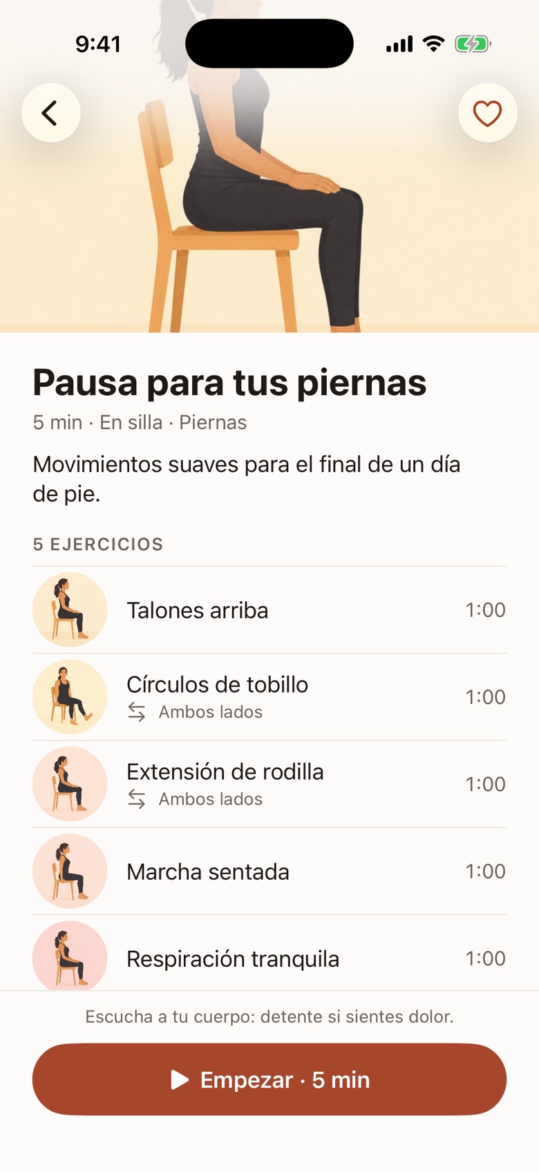 Detalle de la sesión Pausa para tus piernas: 5 minutos, en silla, con sus 5 ejercicios